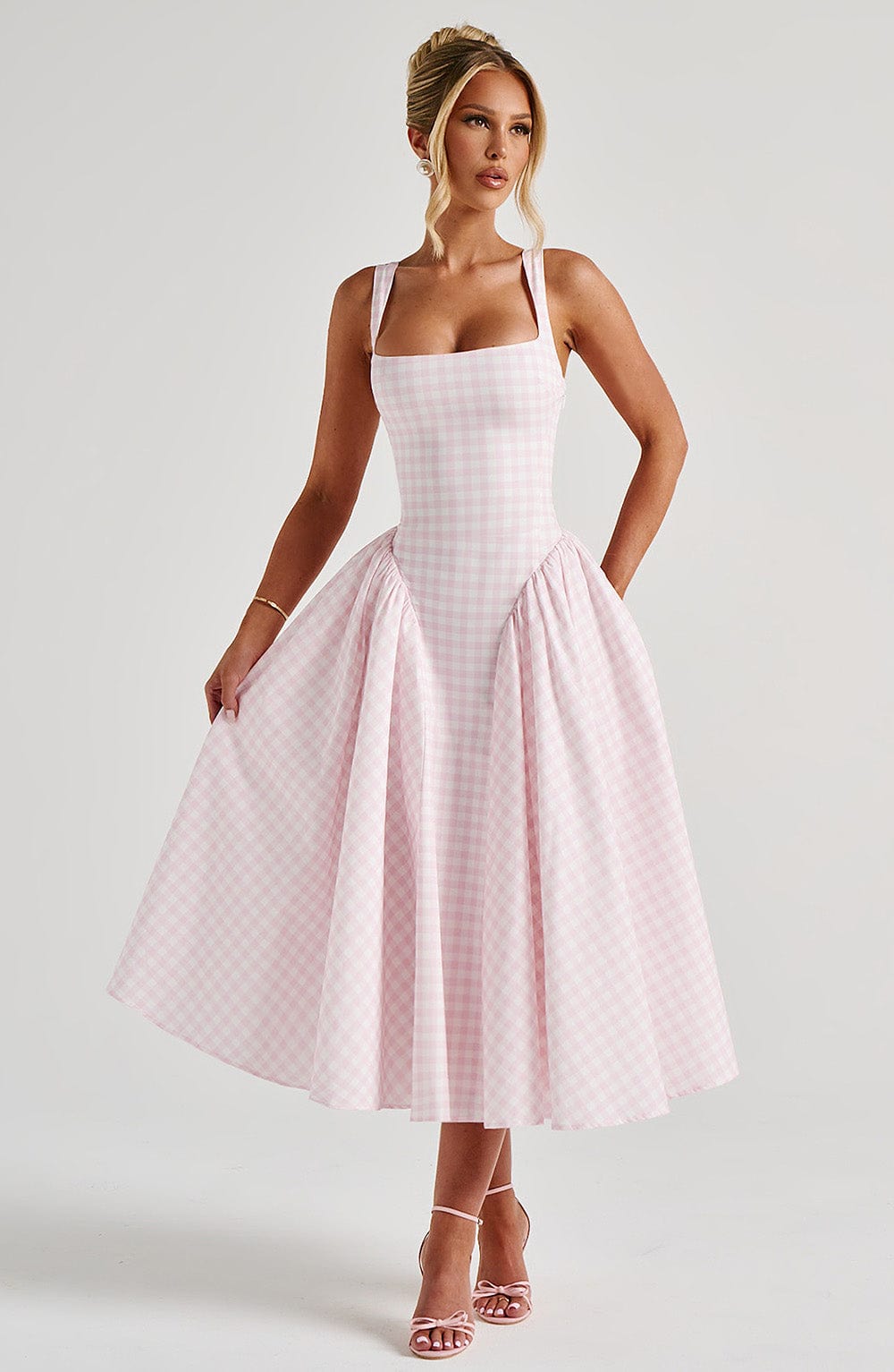 Pembe Gingham Sherrie Midi Elbise