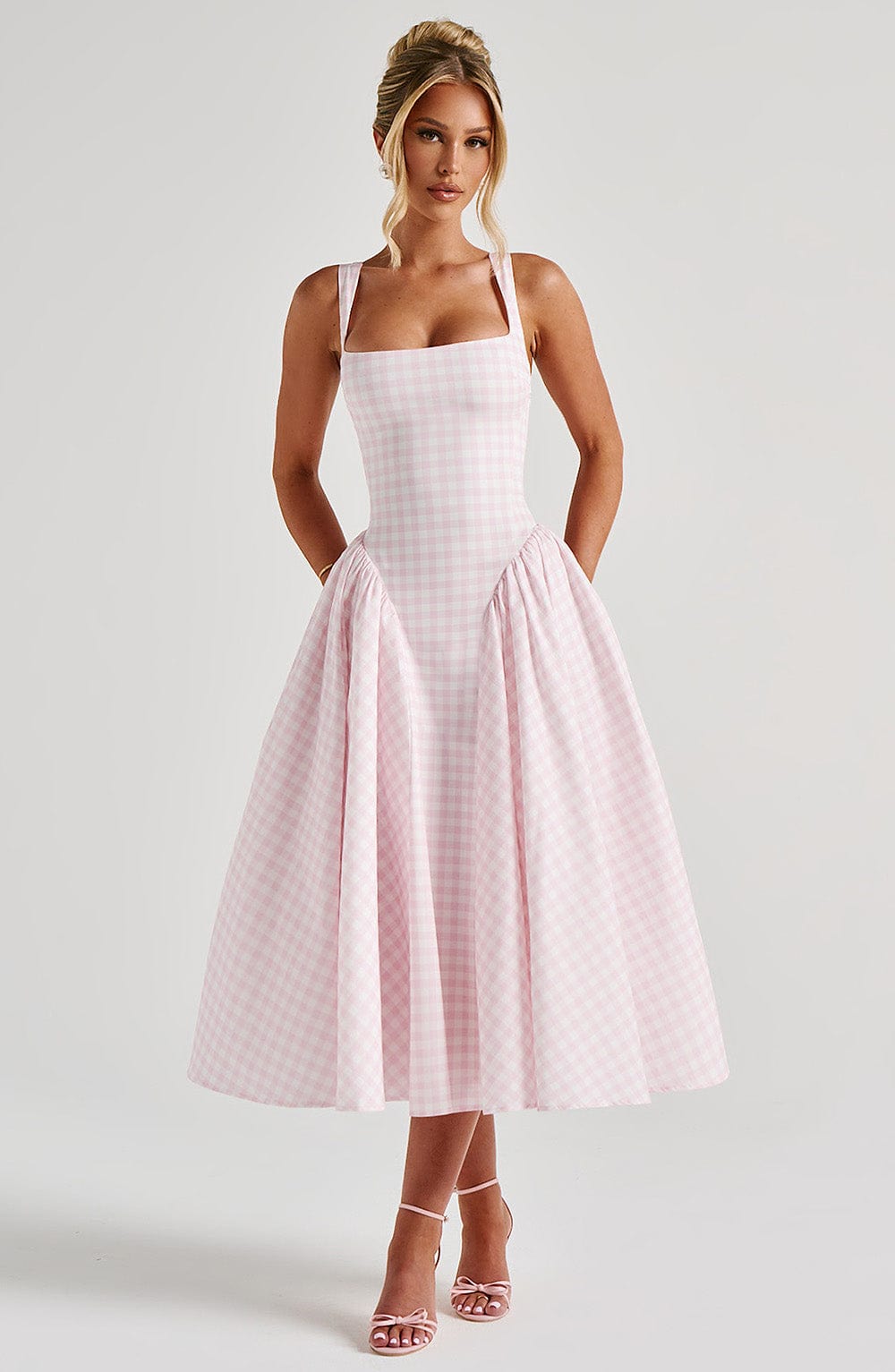 Pembe Gingham Sherrie Midi Elbise