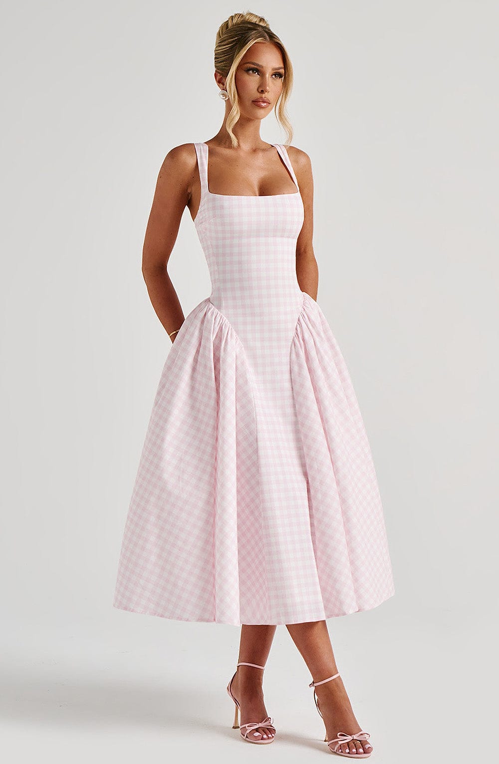 Pembe Gingham Sherrie Midi Elbise