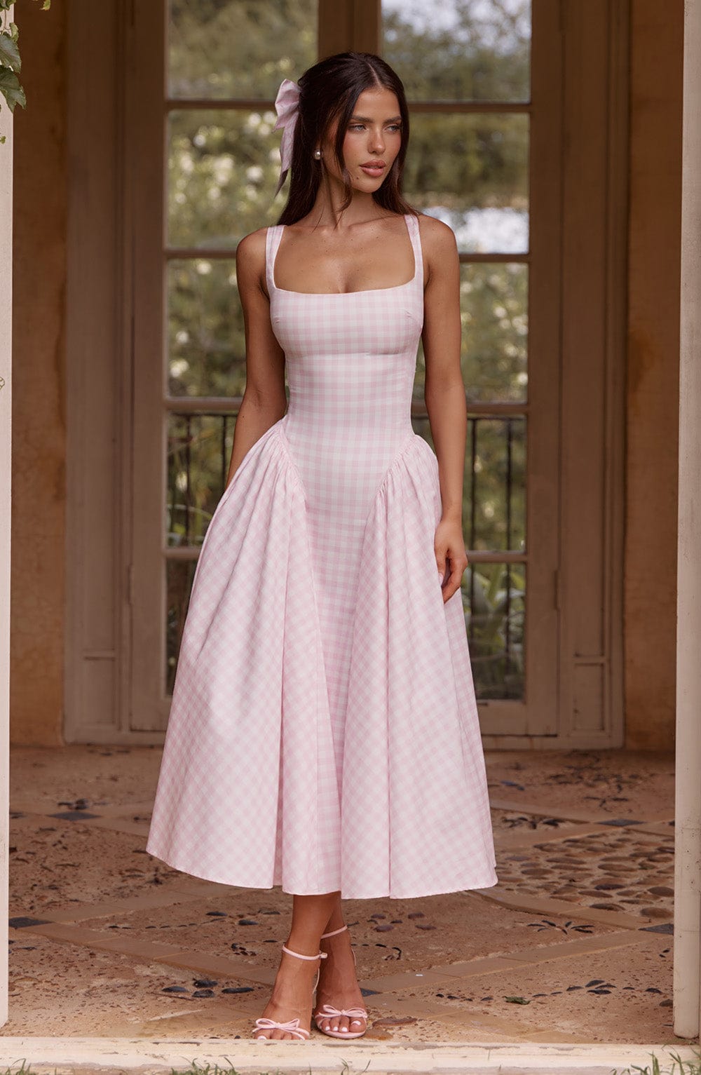 Pembe Gingham Sherrie Midi Elbise